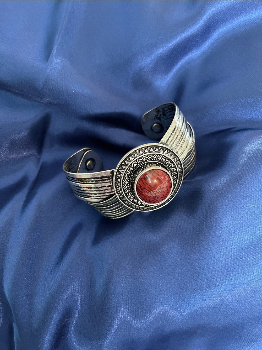 Silver-Tone Cuff Bracelet with Red Stone Accent